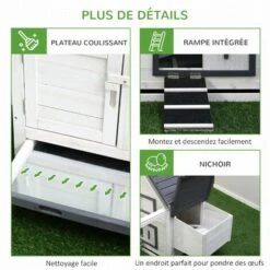 PawHut Poulailler Clapier Modèle Villa Multi-équipée : Rampe, Nichoirs, Perchoirs, Plateau Excrément, 2 Portes Bois Massif Pin Gris Blanc - Gris -Polire Soldes Boutique 11031645 4