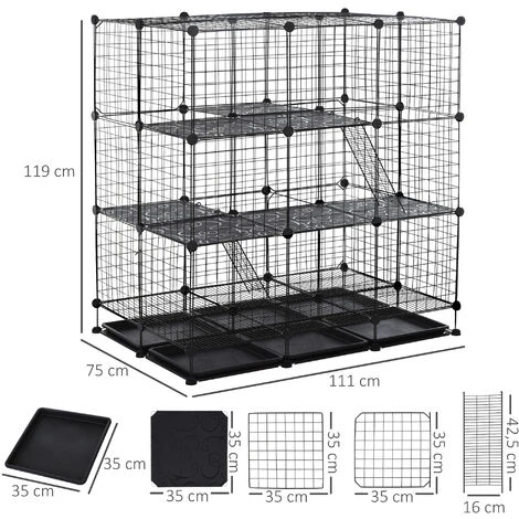 PawHut Cage Parc Enclos Rongeurs Modulable Dim. L 111 X L 75 X H 119 Cm 3 Niveaux 4 Portes Fil Métallique Noir - Noir 3 PawHut Cage Parc Enclos Rongeurs Modulable Dim. L 111 X L 75 X H 119 Cm 3 Niveaux 4 Portes Fil Métallique Noir - Noir – Image 3