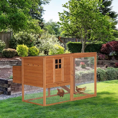 PawHut Poulailler Cottage Cage à Poules Sur Pied Dim. 168L X 110l X 101H Cm Multi-équipement Bois Sapin Lasuré - Marron 2 PawHut Poulailler Cottage Cage à Poules Sur Pied Dim. 168L X 110l X 101H Cm Multi-équipement Bois Sapin Lasuré - Marron – Image 2