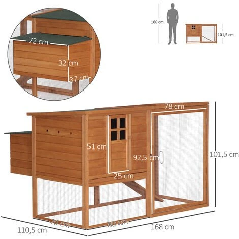 PawHut Poulailler Cottage Cage à Poules Sur Pied Dim. 168L X 110l X 101H Cm Multi-équipement Bois Sapin Lasuré - Marron 3 PawHut Poulailler Cottage Cage à Poules Sur Pied Dim. 168L X 110l X 101H Cm Multi-équipement Bois Sapin Lasuré - Marron – Image 3