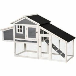 PawHut Poulailler Cottage Cage à Poules Surélevé Dim. 176L X 65l X 100H Cm Multi-équipement Toit Bitumé Noir Bois Sapin Gris Blanc - Gris