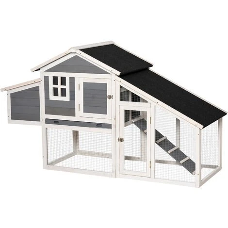 PawHut Poulailler Cottage Cage à Poules Surélevé Dim. 176L X 65l X 100H Cm Multi-équipement Toit Bitumé Noir Bois Sapin Gris Blanc - Gris 1 PawHut Poulailler Cottage Cage à Poules Surélevé Dim. 176L X 65l X 100H Cm Multi-équipement Toit Bitumé Noir Bois Sapin Gris Blanc - Gris