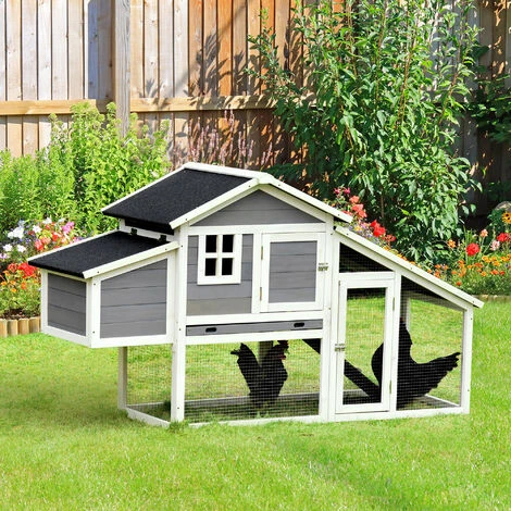 PawHut Poulailler Cottage Cage à Poules Surélevé Dim. 176L X 65l X 100H Cm Multi-équipement Toit Bitumé Noir Bois Sapin Gris Blanc - Gris 2 PawHut Poulailler Cottage Cage à Poules Surélevé Dim. 176L X 65l X 100H Cm Multi-équipement Toit Bitumé Noir Bois Sapin Gris Blanc - Gris – Image 2