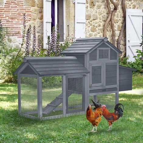 PawHut Petit Poulailler Cottage Cage à Poules Sur Pied Dim. 151L X 54l X 87H Cm Multi-équipement Bois Massif De Pin Gris 2 PawHut Petit Poulailler Cottage Cage à Poules Sur Pied Dim. 151L X 54l X 87H Cm Multi-équipement Bois Massif De Pin Gris – Image 2