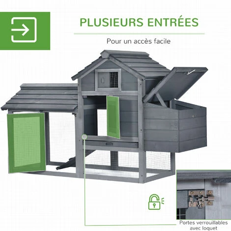 PawHut Petit Poulailler Cottage Cage à Poules Sur Pied Dim. 151L X 54l X 87H Cm Multi-équipement Bois Massif De Pin Gris 4 PawHut Petit Poulailler Cottage Cage à Poules Sur Pied Dim. 151L X 54l X 87H Cm Multi-équipement Bois Massif De Pin Gris – Image 4