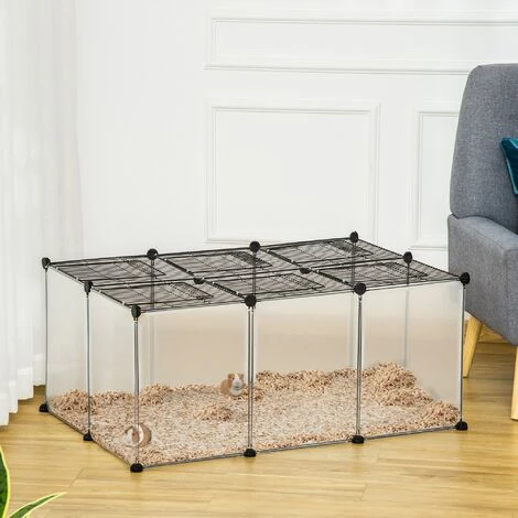 PawHut Cage Parc Enclos Petits Animaux De Compagnie - Dim. 105L X 70l X 45H Cm - 16 Panneaux Résine PP Opaque, 6 Grilles Portes - Fils D'acier Noir - Noir 4 PawHut Cage Parc Enclos Petits Animaux De Compagnie - Dim. 105L X 70l X 45H Cm - 16 Panneaux Résine PP Opaque, 6 Grilles Portes - Fils D'acier Noir - Noir – Image 4