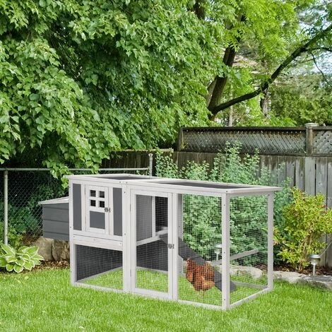 PawHut Poulailler Cottage Cage à Poules Sur Pied Dim. 162L X 76l X 79H Cm Multi-équipement Toit Polycarbonate Bois Sapin Blanc Gris - Gris 2 PawHut Poulailler Cottage Cage à Poules Sur Pied Dim. 162L X 76l X 79H Cm Multi-équipement Toit Polycarbonate Bois Sapin Blanc Gris - Gris – Image 2