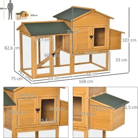 PawHut Poulailler Cottage Cage à Poules Sur Pied Dim. 168L X 75l X 103H Cm Multi-équipement Bois Sapin Pré-huilé - Orange 3 PawHut Poulailler Cottage Cage à Poules Sur Pied Dim. 168L X 75l X 103H Cm Multi-équipement Bois Sapin Pré-huilé - Orange – Image 3