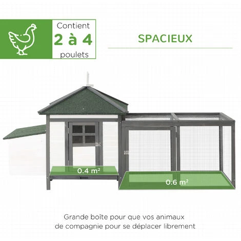 PawHut Poulailler Cottage Multi-équipement Perchoir Rampe Pondoir Enclos Tiroir à Déjection 196L X 76l X 97H Cm Bois Massif Pin Gris Blanc 4 PawHut Poulailler Cottage Multi-équipement Perchoir Rampe Pondoir Enclos Tiroir à Déjection 196L X 76l X 97H Cm Bois Massif Pin Gris Blanc – Image 4